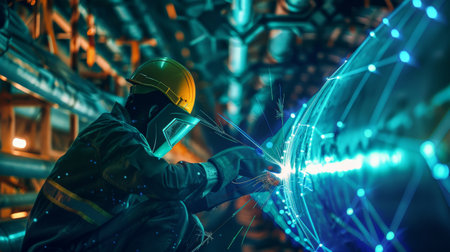 The engineer uses augmented reality glasses to inspect the pipeline for defects.の素材