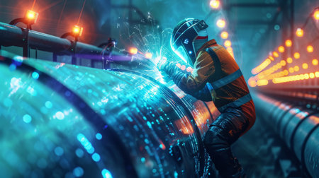 Welder working on a pipeline in a shipyard.の素材