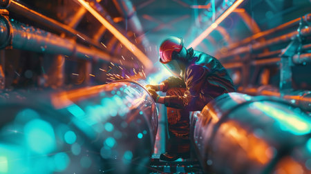 welder at work in protective clothing and mask in factoryの素材