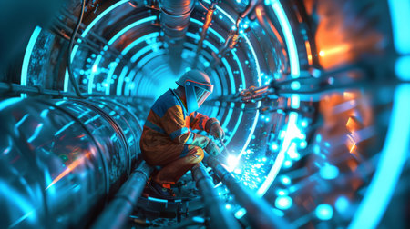 The photo shows a worker in an orange jumpsuit and a hard hat welding a pipe in a large, blue, circular tunnel.の素材