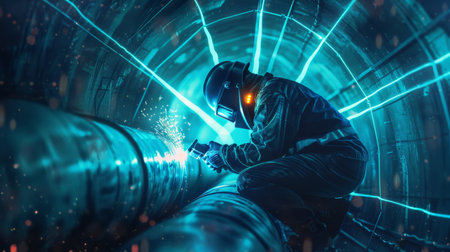 A welder works on a pipeline in a tunnel.の素材