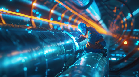 The image is a 3D rendering of a futuristic tunnel with blue glowing pipes and a robot working on them. The tunnel is dark and mysterious, and the blue light of the pipes creates a sense of urgency. The robot is hard at work, and it seems to be in a hurry to finish its task. The image is full of mystery and intrigue, and it leaves the viewer wondering what is happening and what will happen next.の素材