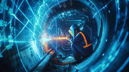 The welder is welding the pipeline with sparksの素材