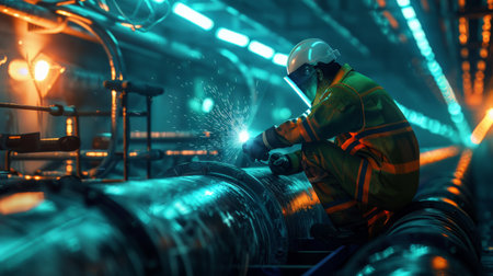 The photo shows a worker in protective clothing welding a pipe in a large industrial building with many pipes and catwalks.の素材