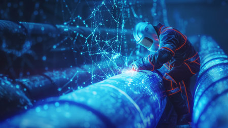 A welder works on a pipeline.の素材