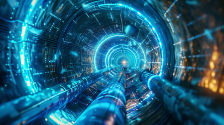 Blue and glowing futuristic tunnel.の素材