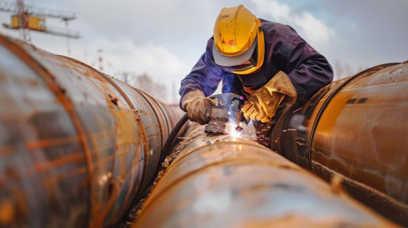 The welder is welding the pipeline with sparksの素材