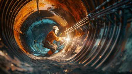 The welder is welding the pipe in the tunnel.の素材