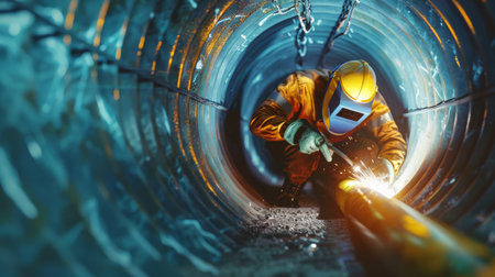 The welder is welding a pipe in the factory.の素材