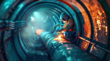 The welder is welding the metal pipe in the tunnel.の素材