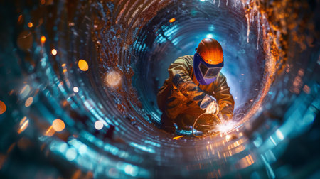 The welder works in a confined space.の素材