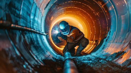 The photo shows a worker welding a pipe in a confined space.の素材