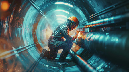 A worker is welding a pipe in a tunnel.の素材