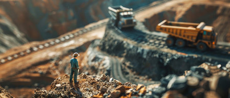 A mining engineer stands near a dump truck at a surface mine.の素材