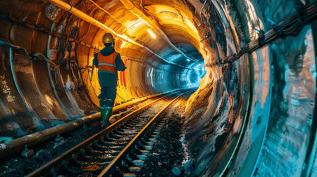 The photo shows a long, dark tunnel with a bright light at the end. A person in a hard hat and safety vest is walking towards the light.の素材