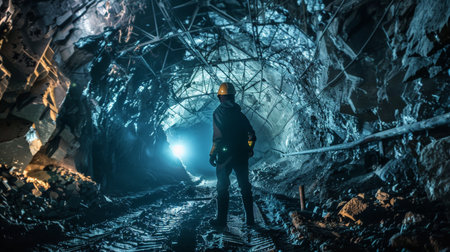 The photo shows a miner walking in a dark mine. He is wearing a hard hat and carrying a flashlight. The mine is full of rocks and debris.の素材