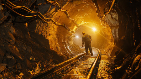 The photo shows a miner walking in a dark mine. The only light comes from his headlamp.の素材