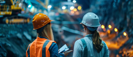 Two construction workers in hard hats looking at the progress of the buildingの素材