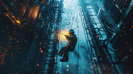 A man in a spacesuit is welding in zero gravity.の素材