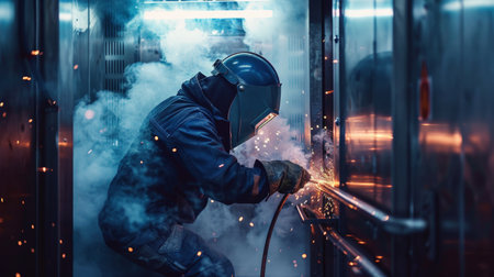 welder in protective clothing and mask at workの素材