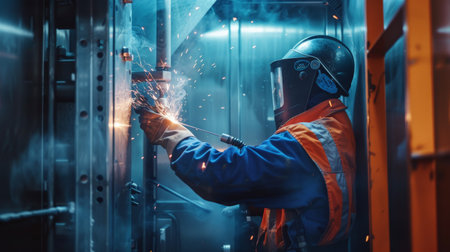 Industrial welder working on a project.の素材