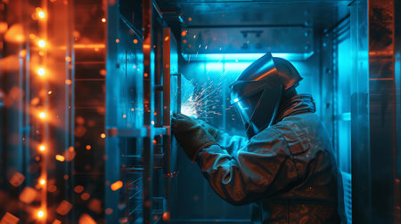 A welder works on a project in a welding shop.の素材