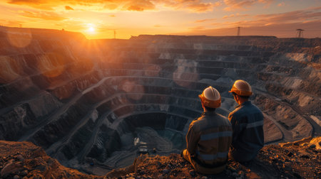 The two miners are sitting on the edge of a large open-pit mine. They are looking out at the sunset. The sky is a bright orange, and the sun is just sinking below the horizon. The miners are wearing hard hats and safety glasses. They are both covered in dust. The mine is a large, open pit. The walls of the mine are steep, and the floor is covered in rocks and debris. There is a large machine in the mine. The machine is used to extract ore from the mine.の素材