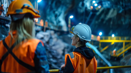 Two female miners in hard hats and protective workwear are inspecting an underground mine.の素材