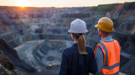 Two engineers in hard hats looking at aLu Tian cast mine.の素材