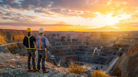 Two engineers in hard hats at a mining siteの素材