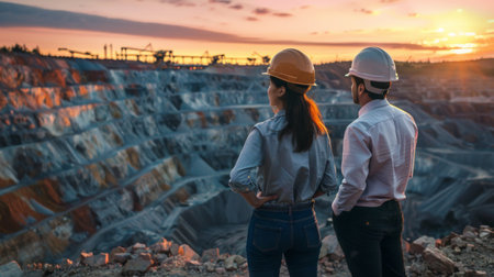 Two mining engineers in hard hats looking at the open pit mineの素材