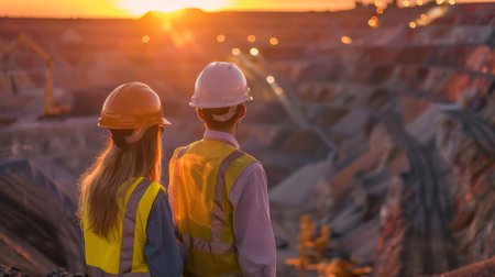 Two mining engineers in hard hats and safety vests looking at an open-pit mineの素材