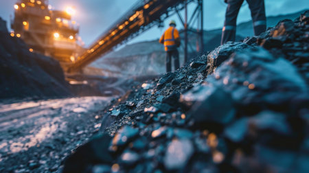 The image shows a worker in a hard hat standing on a pile of coal at a coal mine.の素材