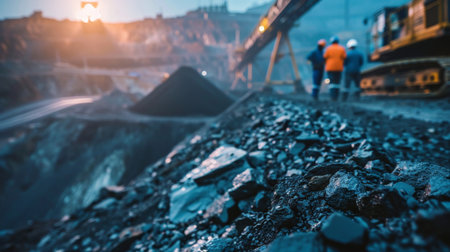 The image shows a group of miners working in a coal mine. They are using heavy machinery to extract the coal from the ground. The mine is dark and dusty, and the miners are wearing hard hats and safety glasses to protect themselves.の素材