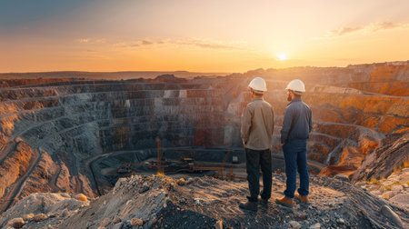 Two engineers in hard hats standing on edge of open pit mine at sunsetの素材