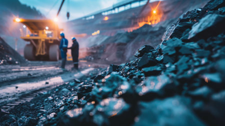 Two miners in hard hats talking in a coal mine.の素材
