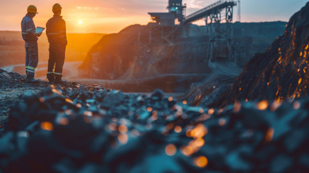 Two engineers in hard hats at a surface coal mine at sunset.の素材