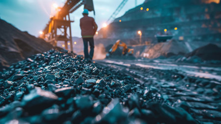 The image shows a worker standing on a pile of coal at a coal mine.の素材