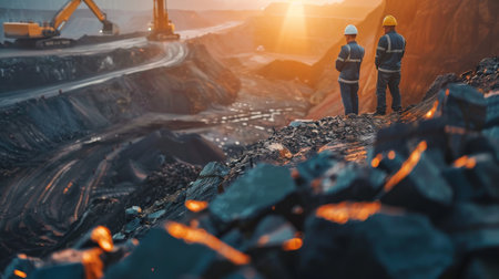 Two mining engineers in hard hats and safety vests are standing on a rocky hilltop at a surface mine. In the background, an excavator is digging up more rocks. The sun is setting behind them.の素材