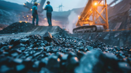 Two miners in hard hats and coveralls inspect a coal mine.の素材