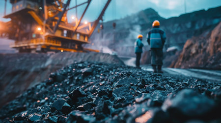 Two miners in hard hats walking away from a giant mining truck.の素材