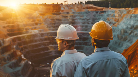 Two engineers in hard hats looking at aLu Tian cast mine.の素材