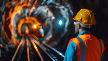 worker wearing hard hat and safety vest looking at subway tunnelの素材