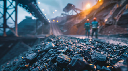 Two miners walking away from the camera in a dark coal mine.の素材