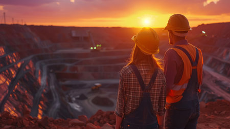 Two mining engineers in hard hats looking at sunset over open pit mineの素材