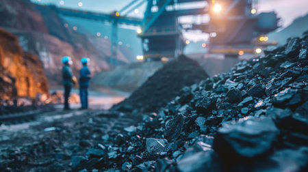 Two miners in hardhats talking in a coal mine.の素材