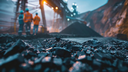 Two miners in protective workwear inspecting a coal mineの素材