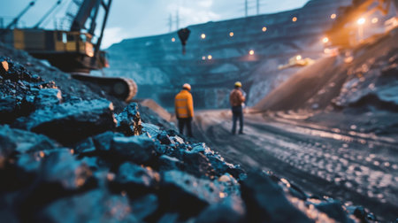 Two miners walking in a dark coal mine.の素材