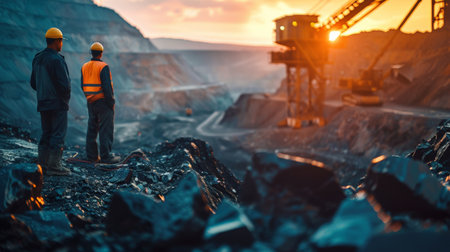Two miners in hard hats and protective workwear are standing on a rocky hill and looking at the mining equipment working in the quarry at sunset.の素材
