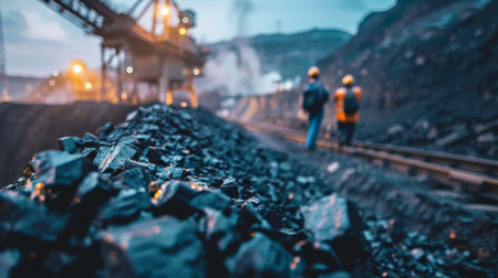 Two miners walking away from the camera in a coal mine.の素材